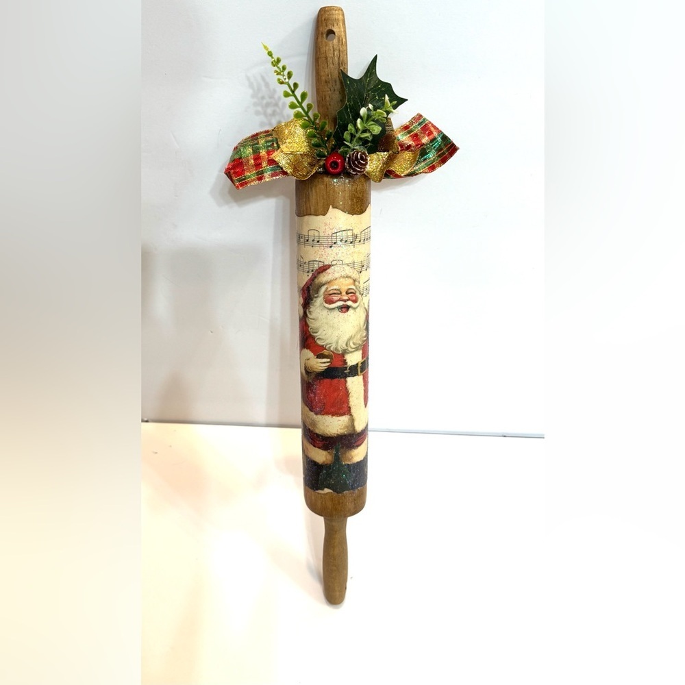New OOAK Country Santa Christmas Rolling Pin 18.5” Holiday Decor